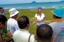 A volunteer from Andaman Discoveries give an overview about the coastal conservation in Ban Ta Lay Nok and adjacent areas in Kuraburi to the delegates from Sri Lanka. 