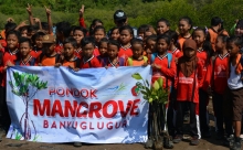 The 5th graders of Banyuglugur Elementary School taking part in mangrove planting