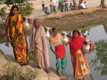 Fetching daily drinking water from far away ponds is a daily challenge for women in Shyamnagar