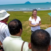 A volunteer from Andaman Discoveries give an overview about the coastal conservation in Ban Ta Lay Nok and adjacent areas in Kuraburi to the delegates from Sri Lanka. 