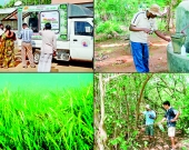 Clockwise from left: The Aloe Vera health drink truck; water collection from a well for chemical analysis; Mangrove assessment in Panama; seagrass underwater meadow