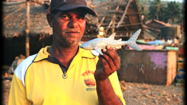 A fisherman holds up a Whale Shark toy in support of the conservation programme