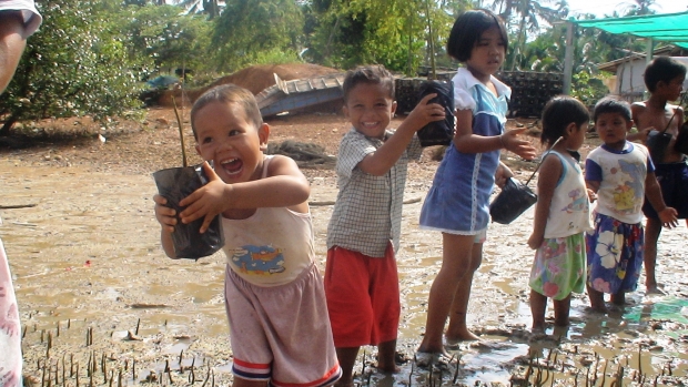 Kids planting mangroves 