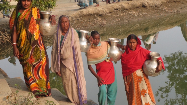 Fetching daily drinking water from far away ponds is a daily challenge for women in Shyamnagar