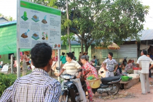 Promotional signboard on how to produce natural composts from the garbage installed in the local market area in Toul Toeteung Commune, Cambodia