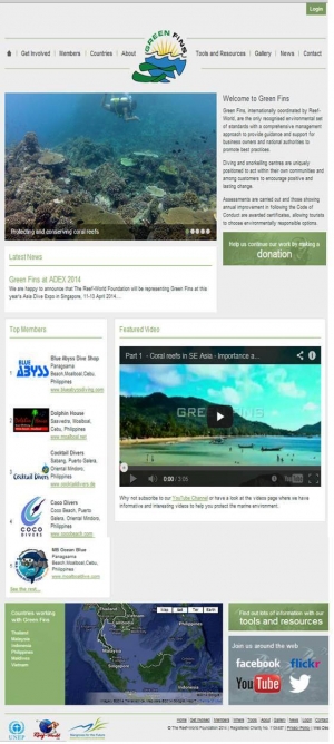 Green Fins new website screenshot showing Top 5 dive centres applying Green Fins approach