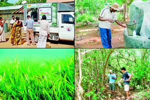 Clockwise from left: The Aloe Vera health drink truck; water collection from a well for chemical analysis; Mangrove assessment in Panama; seagrass underwater meadow