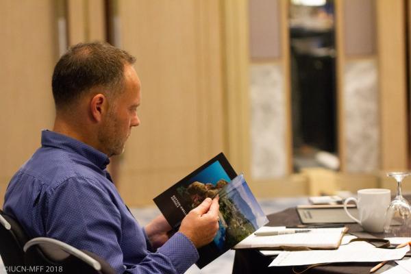 A man in profile looks through a colourful guidebook