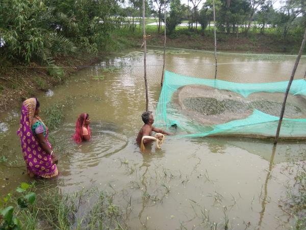 Pampa, Shikha and Pampa's husband in their fish pen